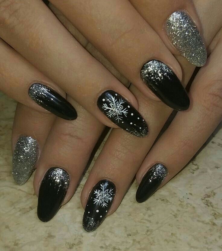 Glittery Black Winter Nails