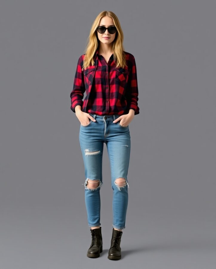 A lady wearing a flannel shirt, ripped jeans, giving an unpolished, gritty look.