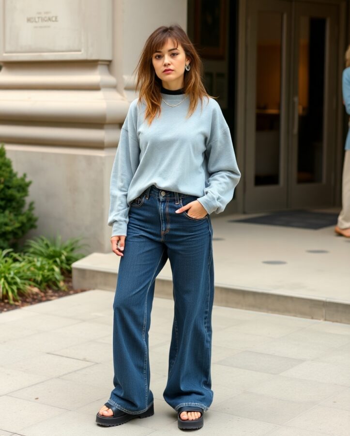 A lady wearing wide-leg jeans, an oversized sweater and platform shoes showcasing a grudge outfit.