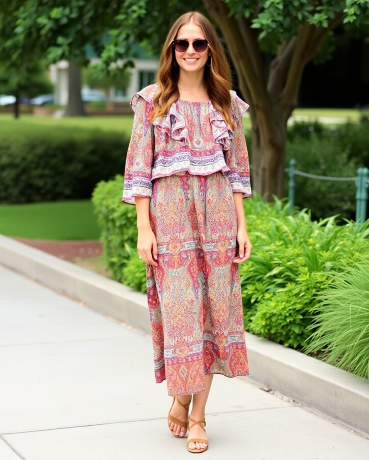 A lady in a bohemian-inspired outfit featuring a high-waisted skirt paired with a ruffled top, creating a romantic and feminine look.