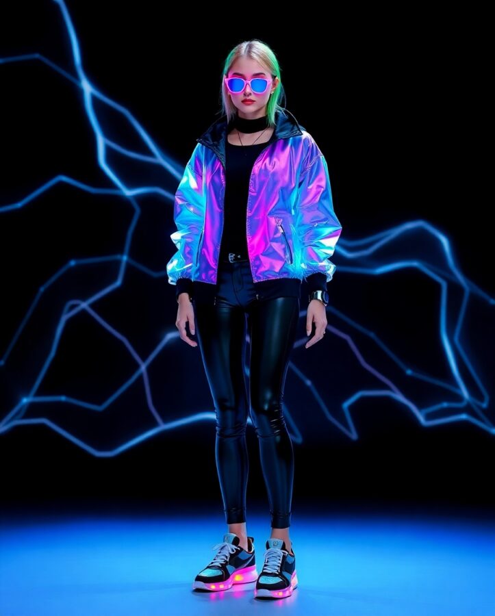 A person wearing a dark, layered outfit with holographic accents and futuristic gadgets, exuding a mysterious and technologically advanced vibe.