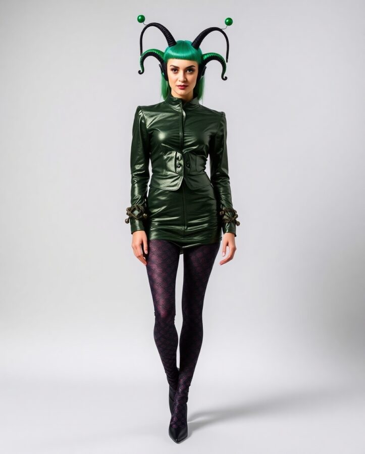 Jester dressed as an alien, combining otherworldly style with playful, futuristic details.