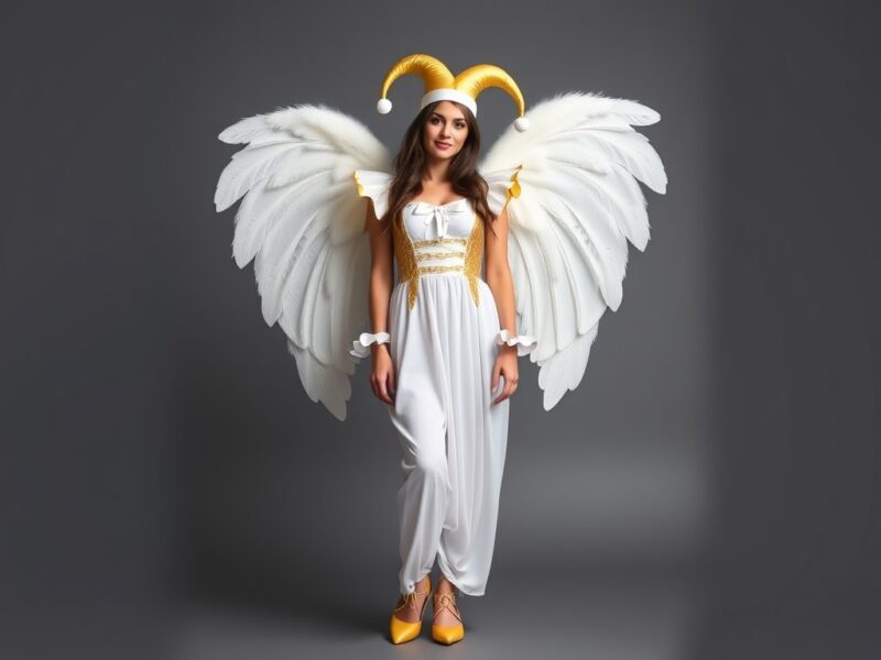 Jester in an angel-inspired outfit, blending celestial grace with playful, ethereal details.