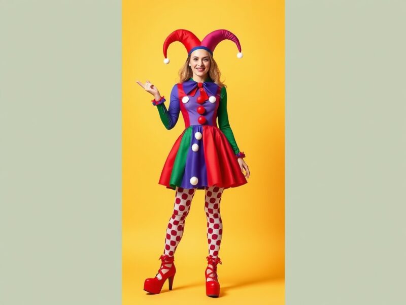 Jester in a clown-inspired outfit, combining playful humor with vibrant, bold colors.