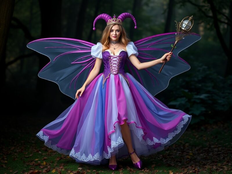 Jester in a fairy tale-inspired outfit, combining enchanting details with whimsical charm.