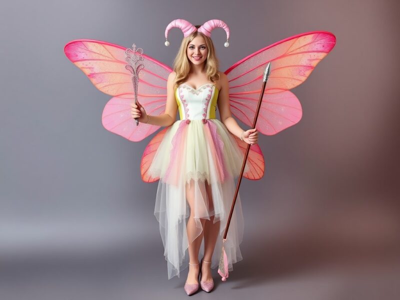 Jester in a fairy-inspired outfit, combining whimsical charm with magical, ethereal details.