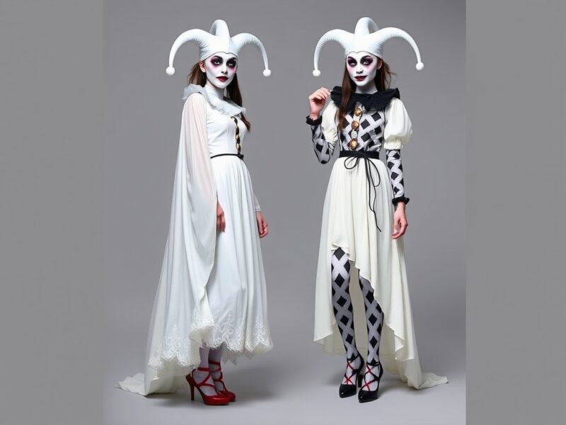 Jester in a ghost-inspired outfit, blending eerie charm with whimsical, playful elements.