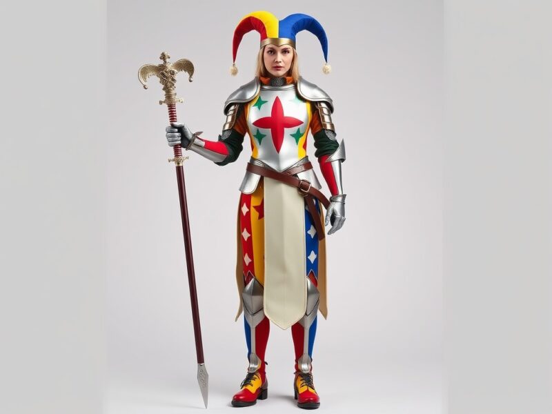 Jester dressed as a knight, blending medieval armor with playful, bold accents.