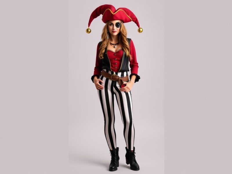 Jester in a pirate-themed outfit, combining pirate swagger with vibrant, playful elements.