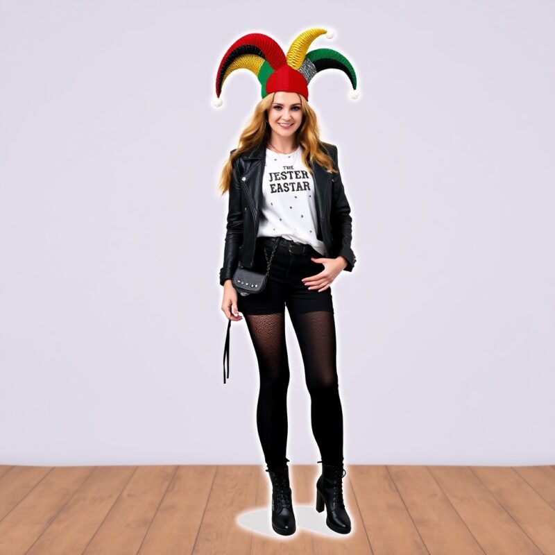 Jester dressed as a rockstar, blending edgy style with playful, musical flair.