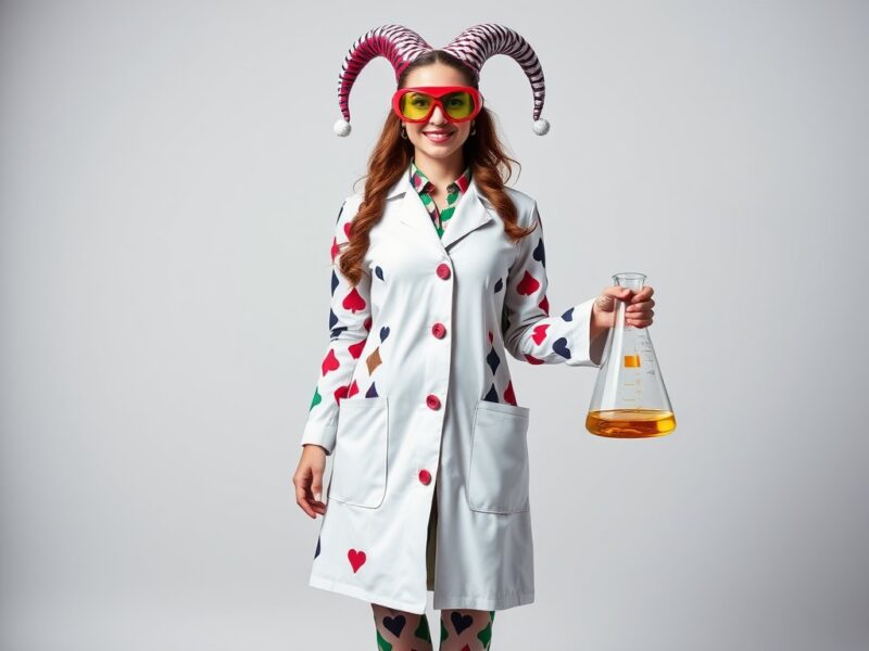 Jester dressed as a scientist, blending intellectual flair with playful, experimental elements.