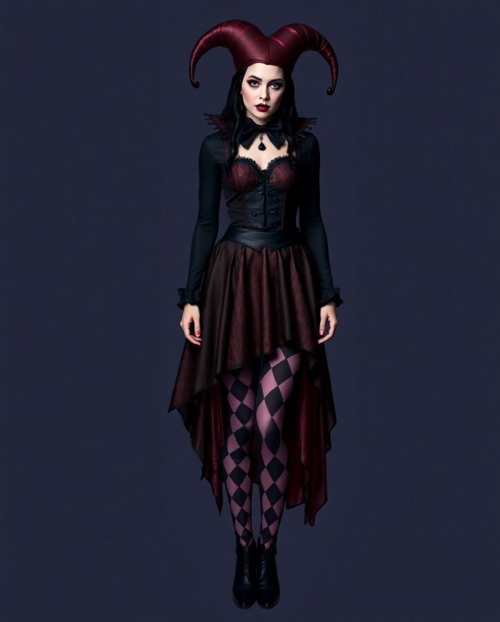 Jester dressed as a vampire, mixing dark, mysterious allure with playful, dramatic flair.