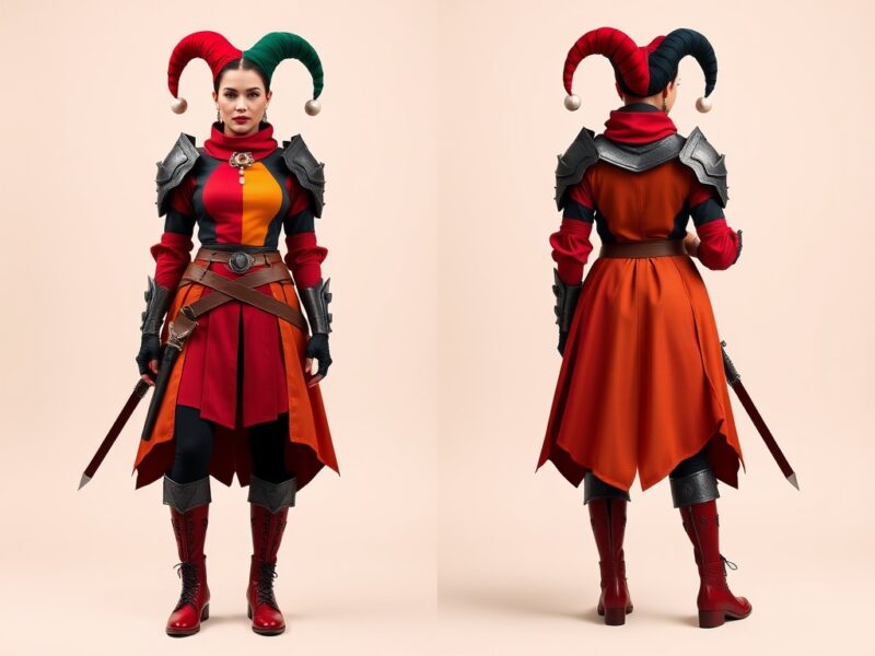 Jester dressed as a warrior, blending playful elements with fierce, bold armor.