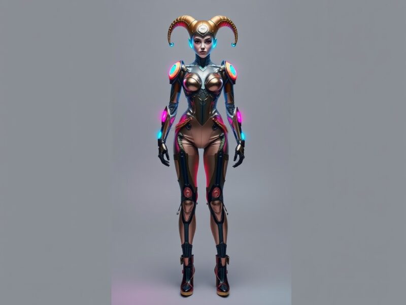 Jester dressed as a robot, combining futuristic elements with playful, mechanical flair.