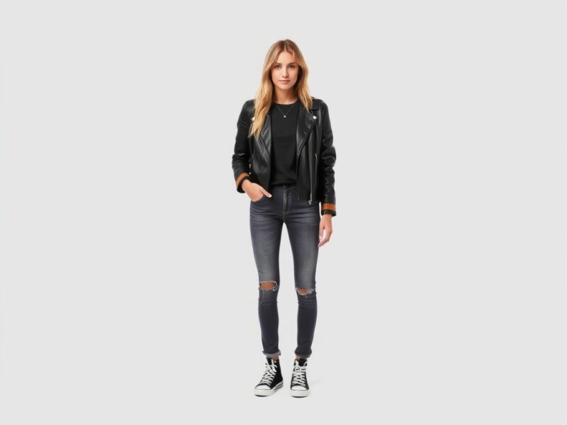 A lady in a classic rock-inspired grunge outfit featuring a leather jacket layered over a t-shirt and paired with skinny jeans.