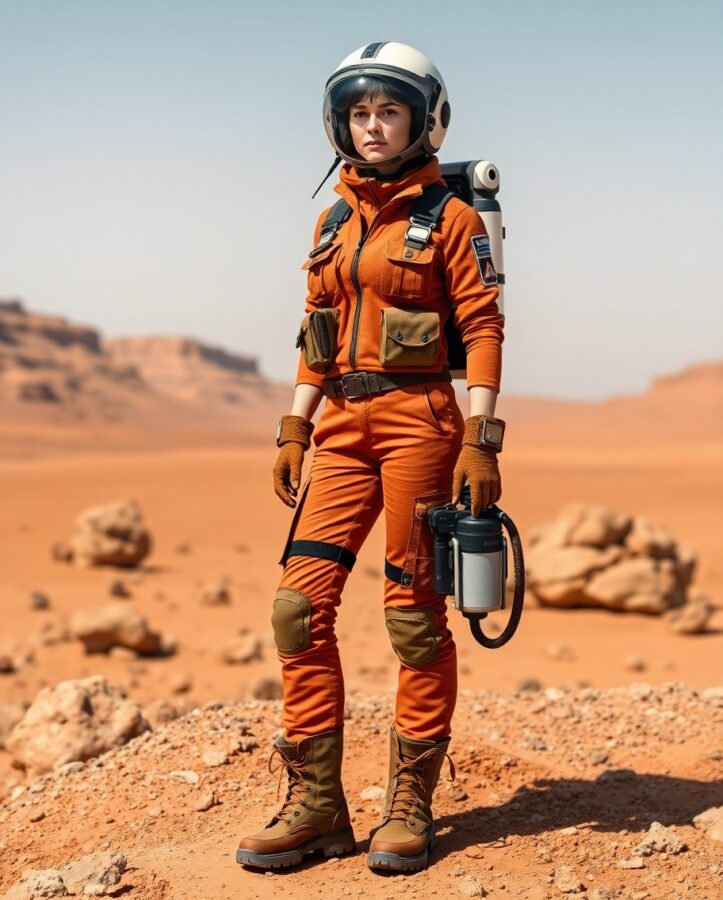 A lady wearing a protective spacesuit with a pressurized helmet, equipped with tools and survival gear for Martian exploration.