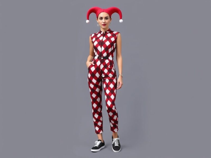 Jester in a stylish, modern interpretation of classic attire, blending bold fashion with playful flair.