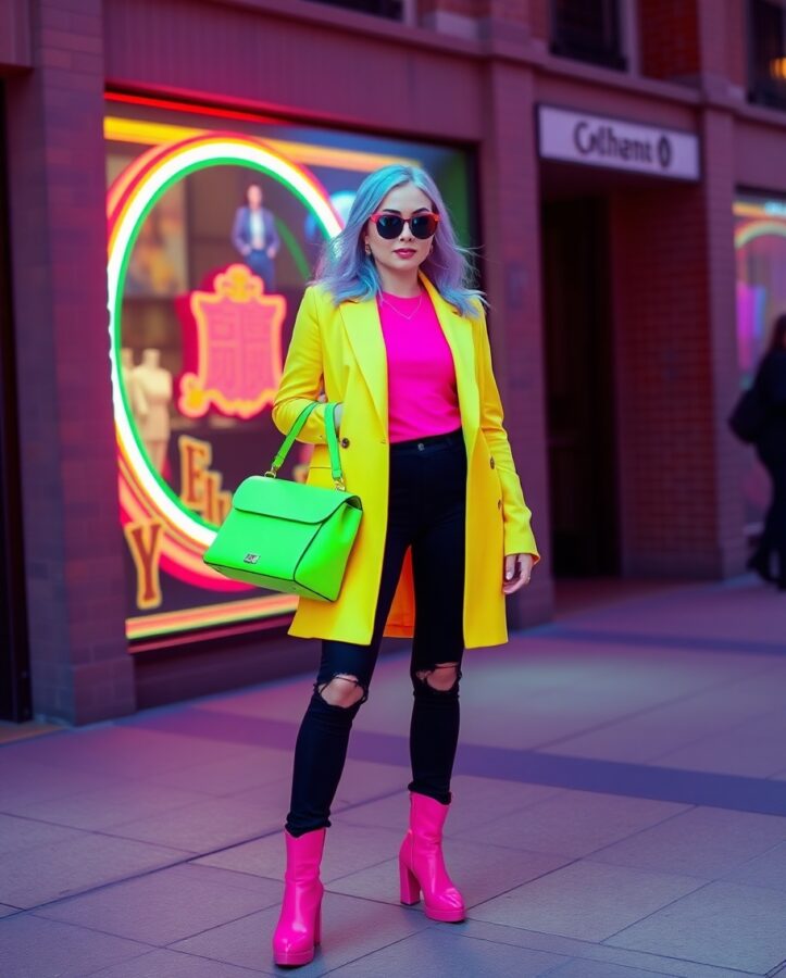 A lady wearing a vibrant outfit featuring neon colors, such as neon pink, green, black, and yellow.