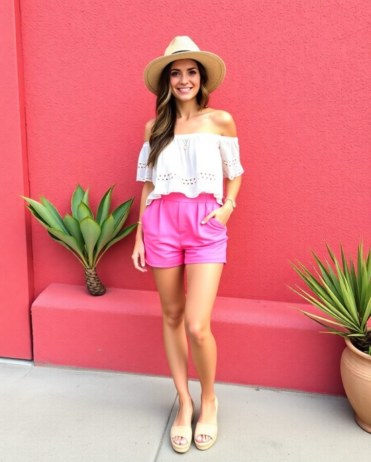 A lady in a breezy boho-inspired outfit featuring an off-shoulder top paired with high-waisted shorts, perfect for a warm summer day