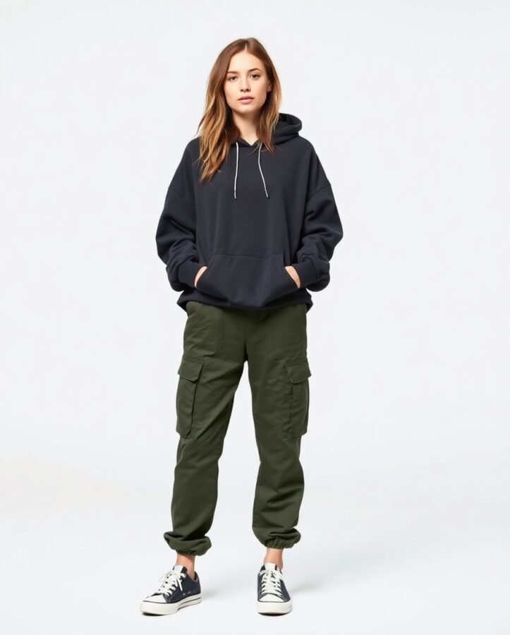 A lady wearing a comfortable yet stylish grudge outfit featuring an oversized hoodie paired with relaxed-fit cargo pants.