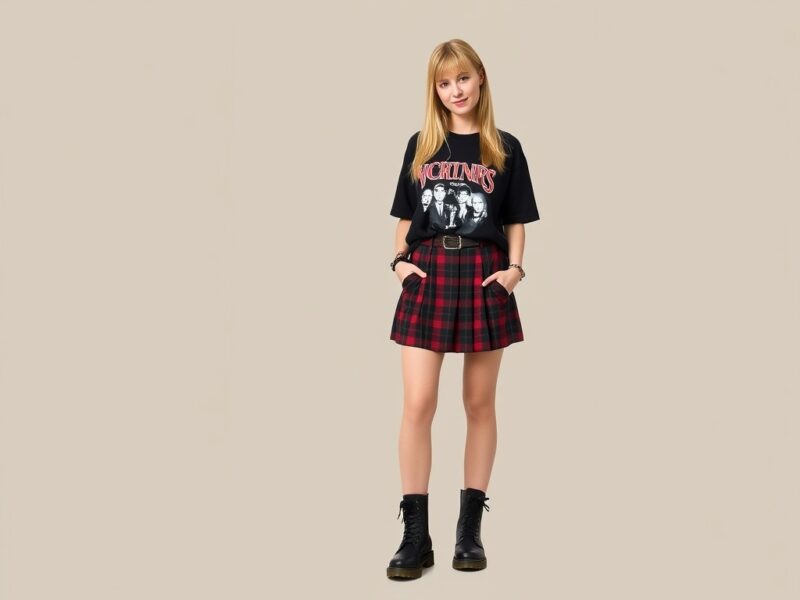 A lady in a playful grunge outfit featuring a plaid skirt paired with a graphic t-shirt and classic Dr. Martens boots.