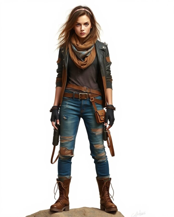 A lady wearing a rugged, functional outfit with layers of protective clothing, including leather jacket, cargo pants, and combat boots.