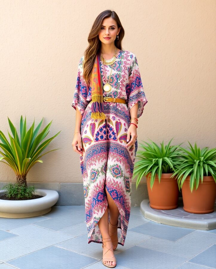 A lady in a vibrant boho-inspired outfit featuring a printed kaftan dress paired with statement jewelry, creating a bold and bohemian look.