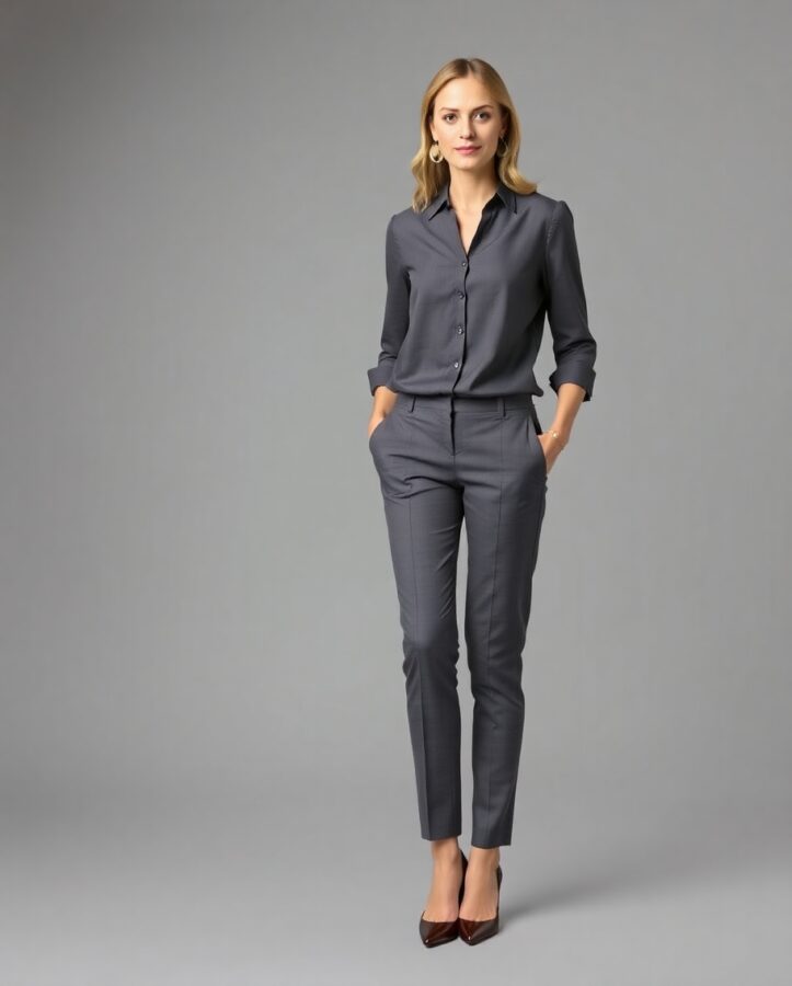 A lady wearing a professional and polished business casual outfit, consisting tailored pants and a button-down shirt, ideal for auditions requiring a sharp and sophisticated look.