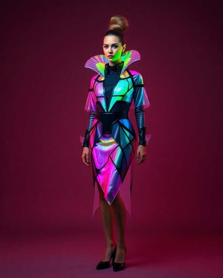 A lady wearing a futuristic, avant-garde outfit with iridescent fabrics, quantum-inspired patterns, and intricate technological details.