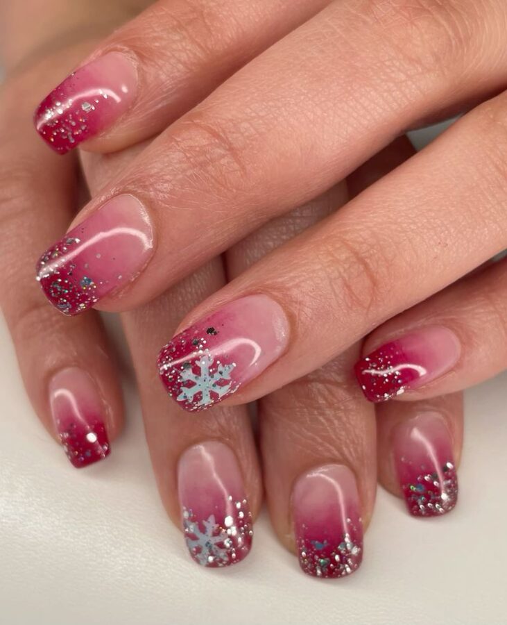 Red Ombre Nails with Snowflakes 