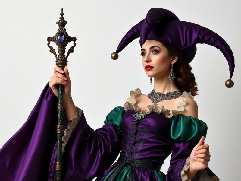 Jester dressed in a Renaissance-inspired outfit, exuding historical charm and elegance.