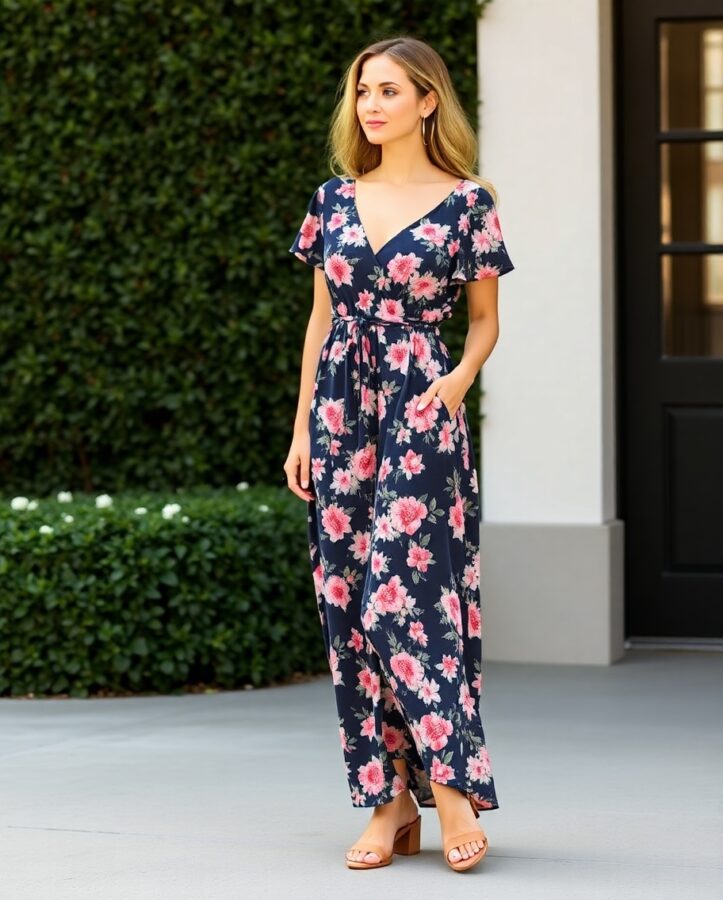 A lady dressed in a romantic floral maxi dress, perfect for a warm summer date night.