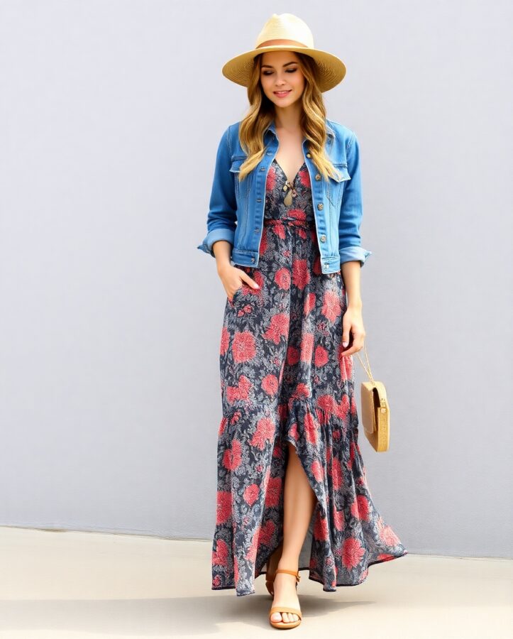  A lady in a bohemian-inspired outfit featuring a ruffled maxi dress layered with a denim jacket, creating a casual and stylish look.