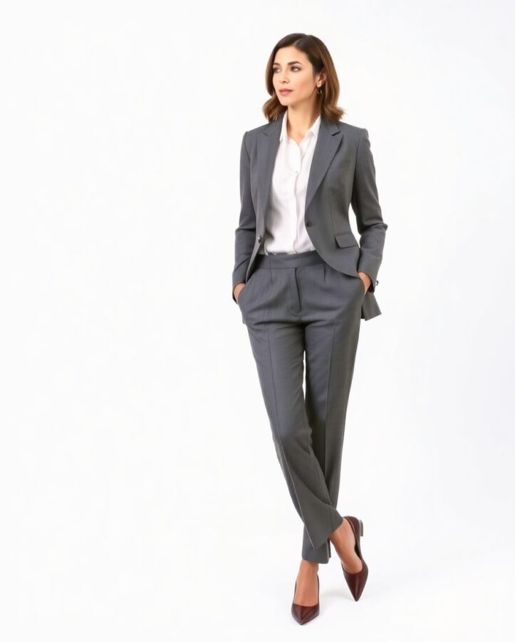 A lady wearing a sophisticated and stylish tailored suit, perfect for a formal audition or a role that requires a polished and professional look.