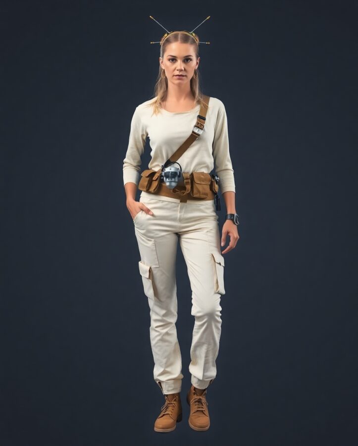 A lady wearing a white space explorer outfit