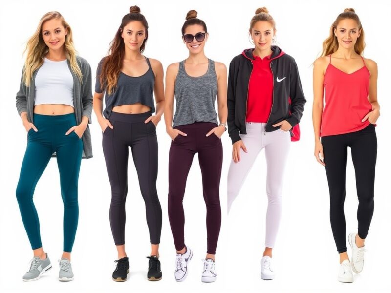 Ladies wearing sporty and energetic athleisure outfits, including leggings, a sports bra, and a hoodie, perfect for auditions requiring movement or an active look.