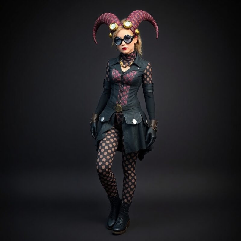 Jester in a steampunk-inspired outfit, combining vintage elements with a bold, creative twist.