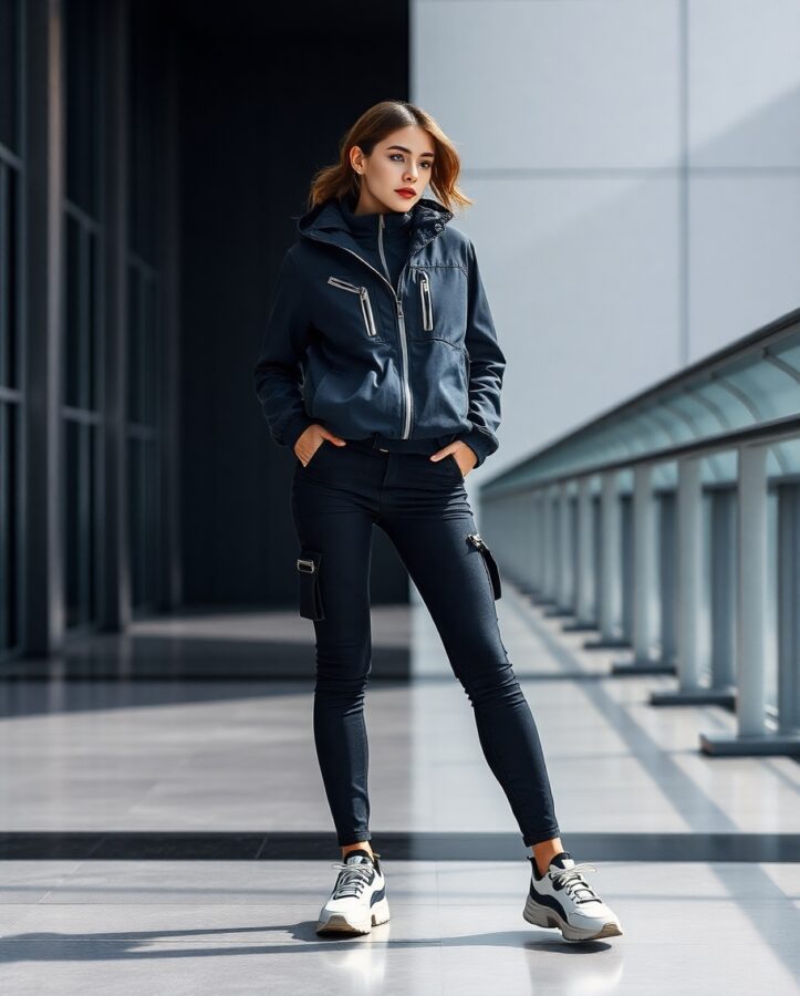 A lady wearing a functional and futuristic techwear outfit, featuring high-performance fabrics and technical details.