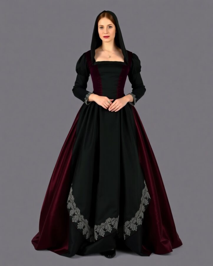 A lady in a captivating gown inspired by Anne Boleyn, showcasing the elegance and daring of Tudor fashion.