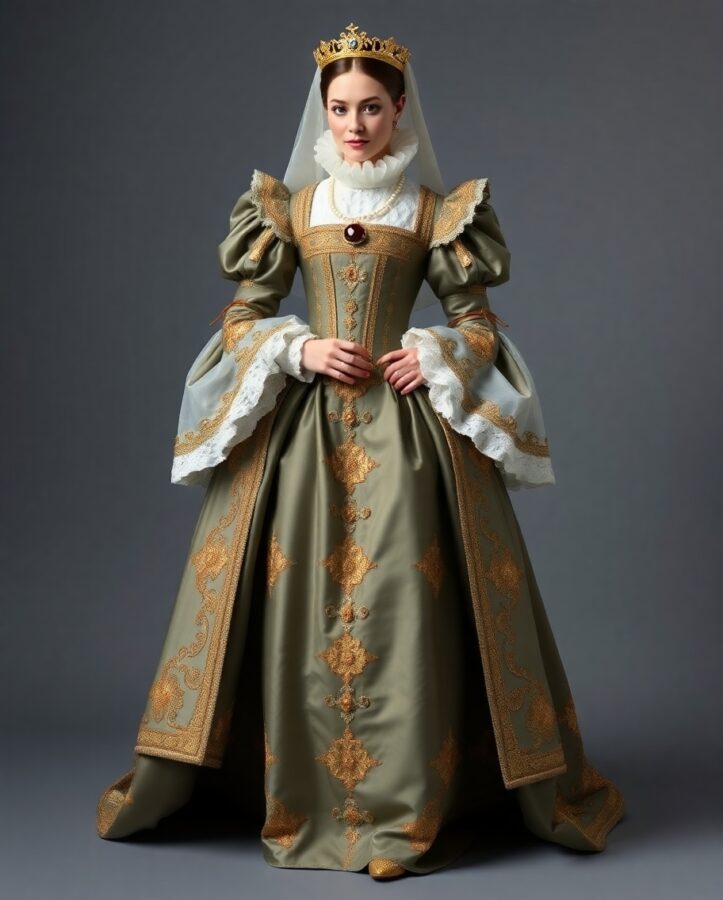 A lady dressed in the iconic and elaborate gown of Queen Elizabeth I, showcasing the opulence and grandeur of the Elizabethan court.