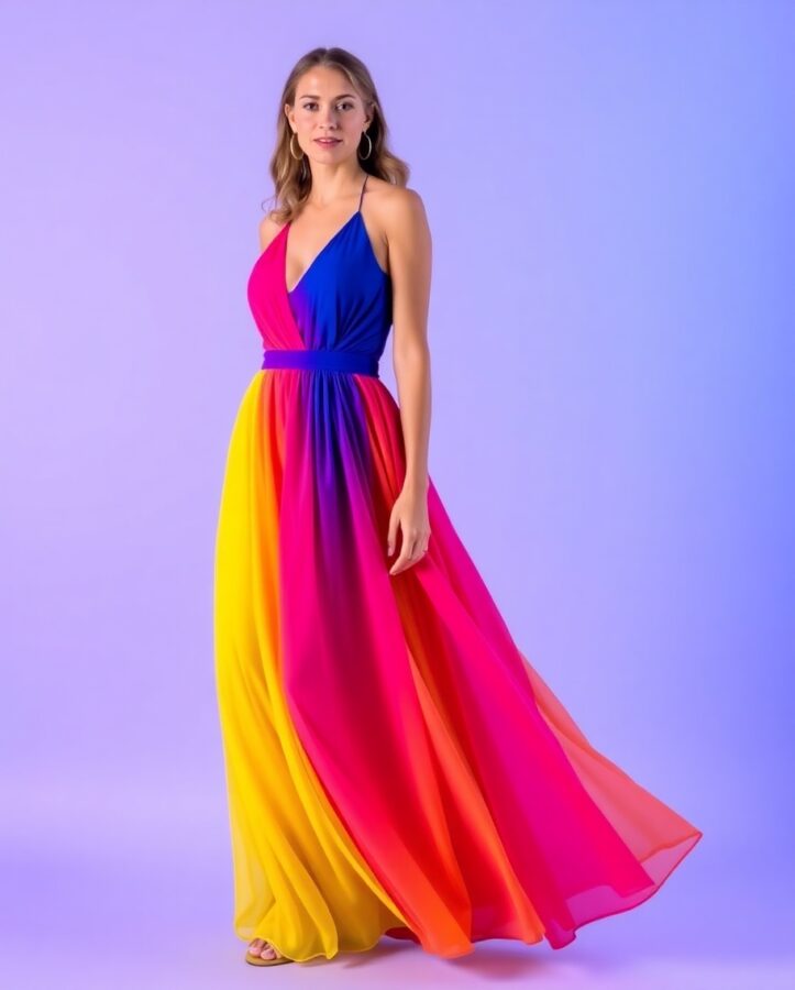 A lady wearing a vibrant, flowing maxi dress with bold patterns and bright colors.