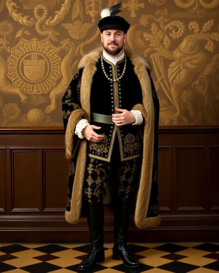 A man dressed in a powerful and imposing ensemble reminiscent of King Henry VIII, capturing the grandeur and authority of Tudor men's fashion.