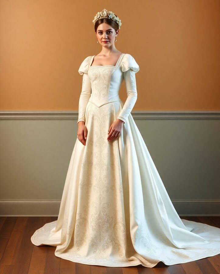 A lady dressed in a breathtaking Tudor wedding gown, showcasing the opulence and extravagance of Tudor bridal fashion.