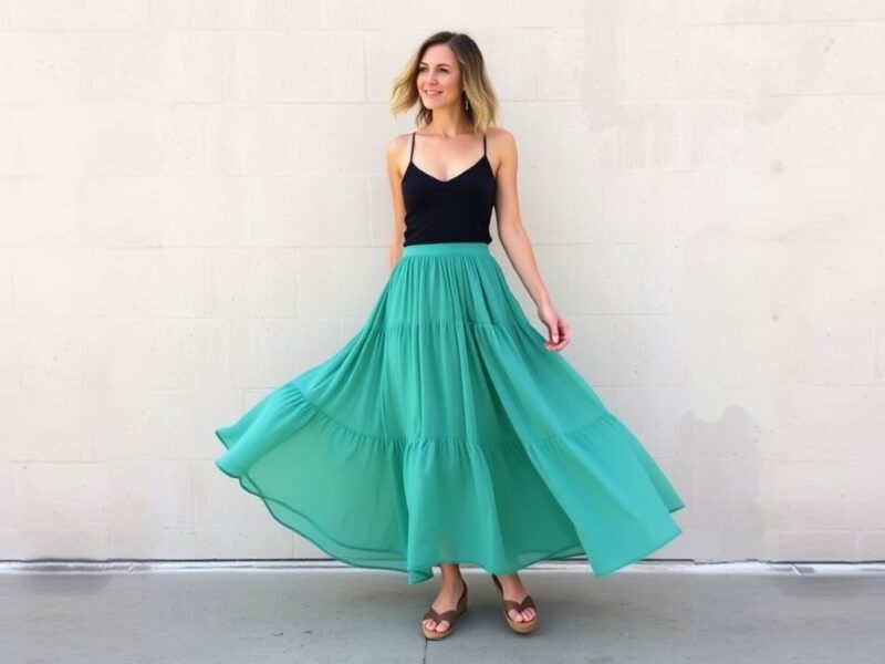 A lady wearing a flowing, bohemian maxi skirt paired with a simple top, perfect for auditions that require a free-spirited and artistic look.