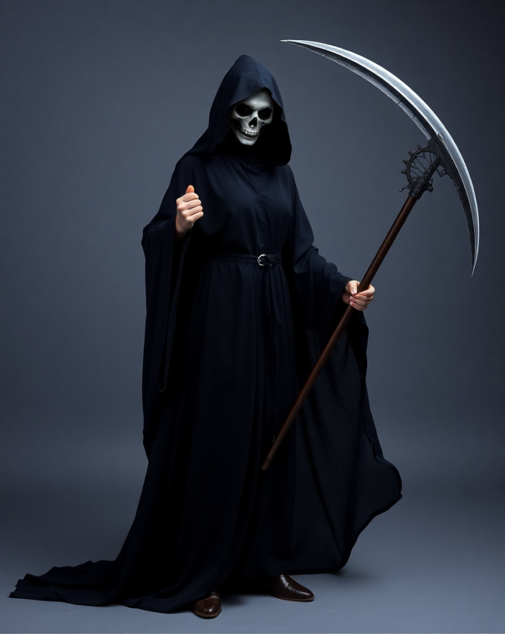 A lady dressed in a haunting costume, capturing the chilling image of the Grim Reaper.