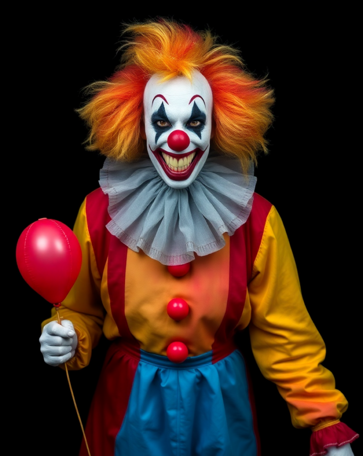 A lady dressed in a chilling clown costume, sure to give you the creeps.