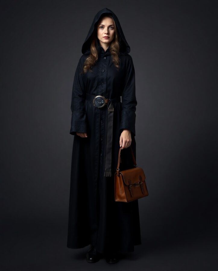 A mysterious and intriguing outfit befitting a Tudor alchemist, evoking a sense of intrigue and the pursuit of knowledge.