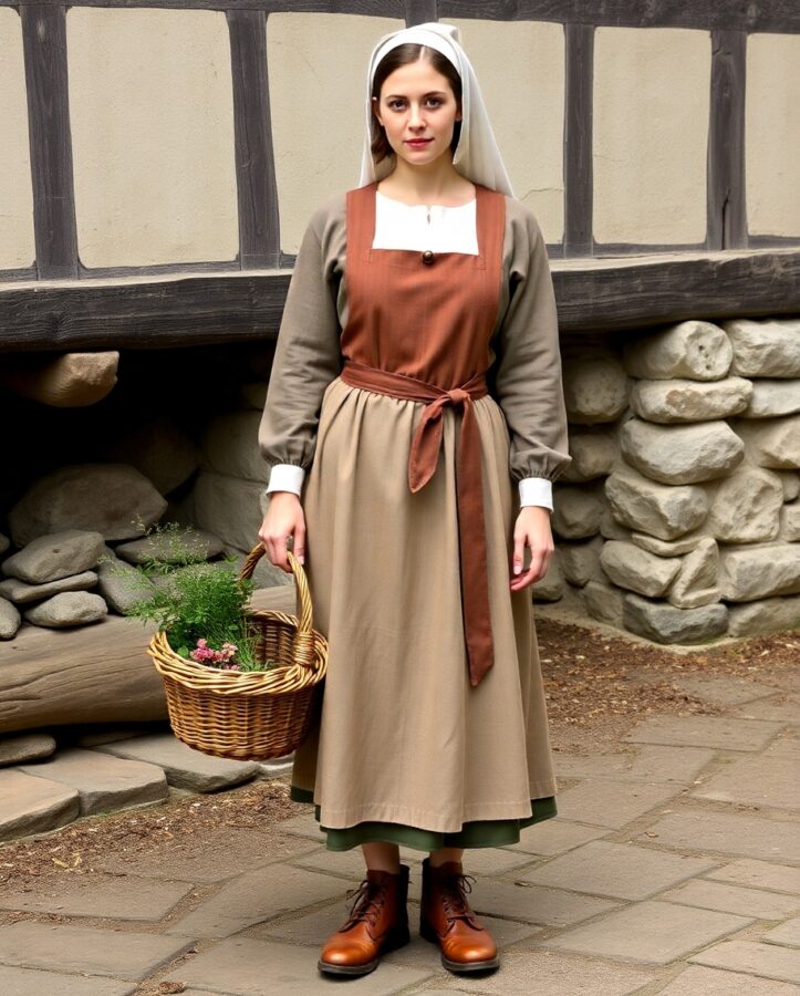 A simple yet practical outfit befitting a Tudor country maid, reflecting the daily life and rustic charm of the countryside.