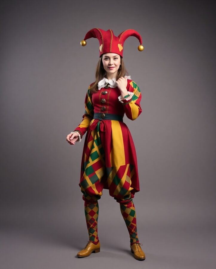 A lady dressed in a vibrant and playful jester's outfit, capturing the spirit of Tudor court entertainment.