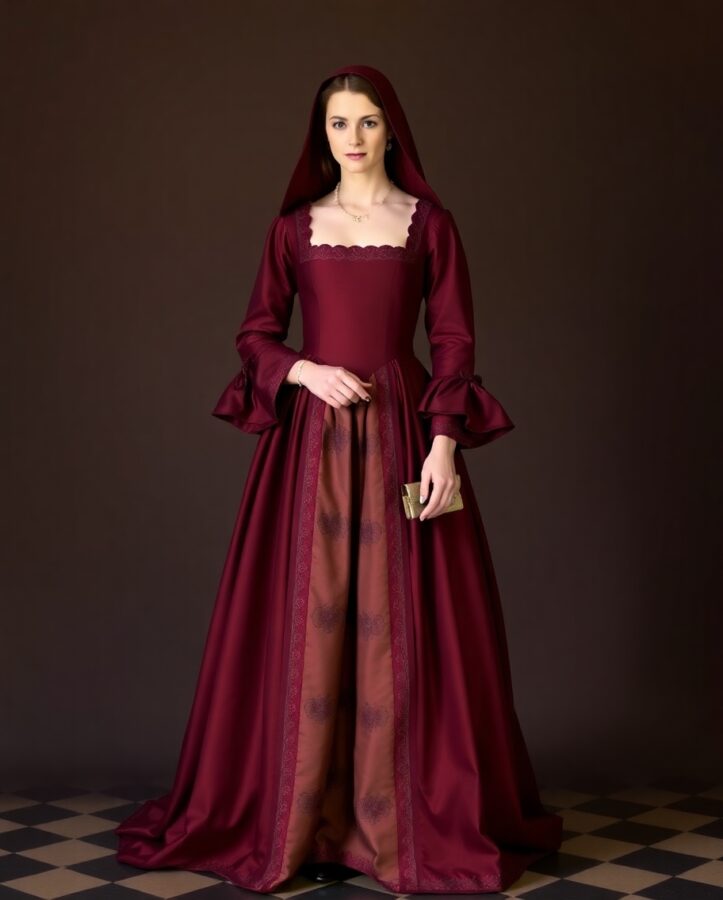 An elegant and refined dress befitting a Tudor lady-in-waiting, reflecting the grace and sophistication of court life.